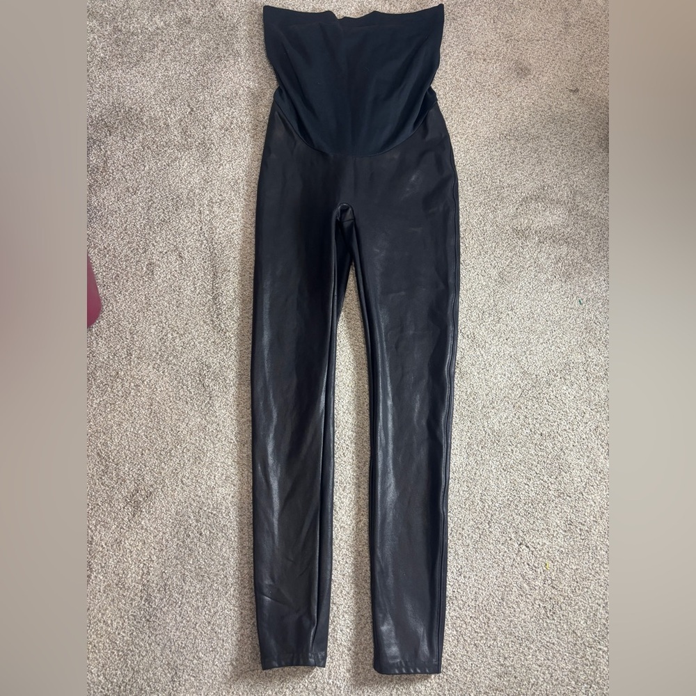 Spanx Maternity Leggings Womens Large Black Faux Leather full panel pregnancy